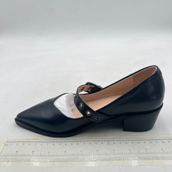 YDN Black Pumps Pointed Toe Mary Jane Chunky Heels Loafers Hollow Buckle Shoes - Picture 2 of 8
